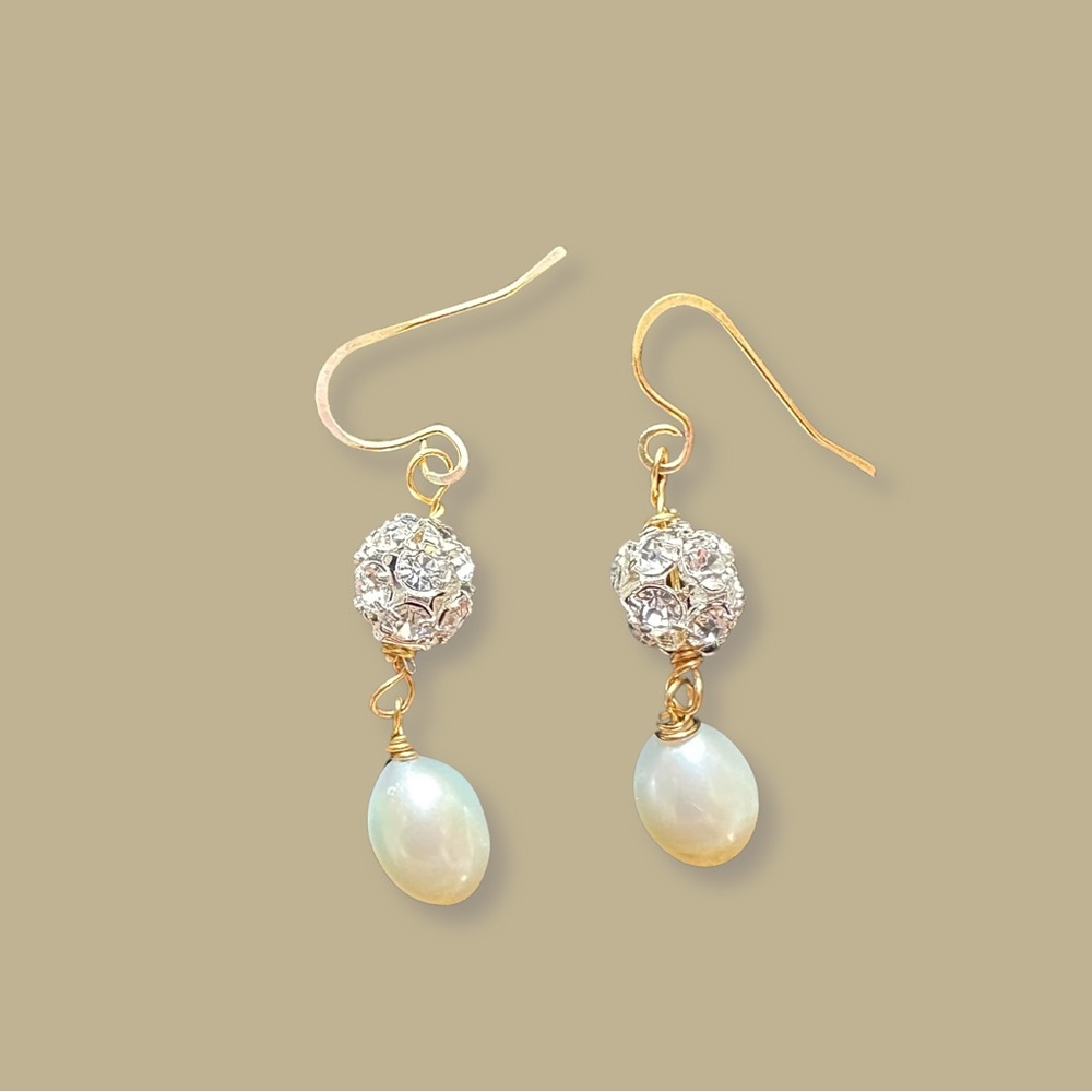 Handmade Freshwater Pearl Rhinestone Drop Earrings . Two Tier drop 1 inc…